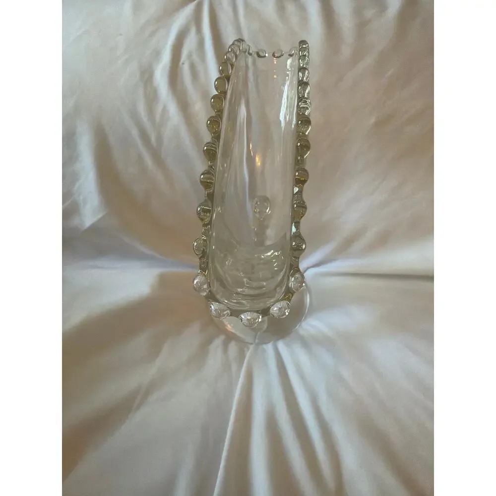 Vintage Imperial Glass Candlewick Fan Vase Beaded Rim Loop Handles Clear Glass